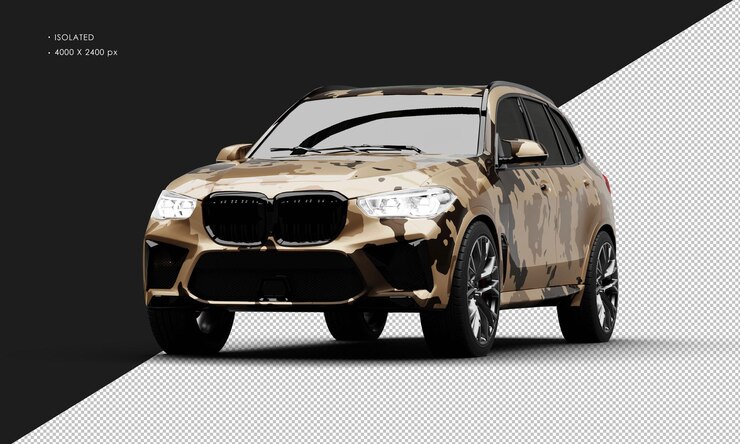 PSD isolado realista metálico camuflaje de arena del desierto lujo moderno suv de la ciudad ángulo delantero izquierdo