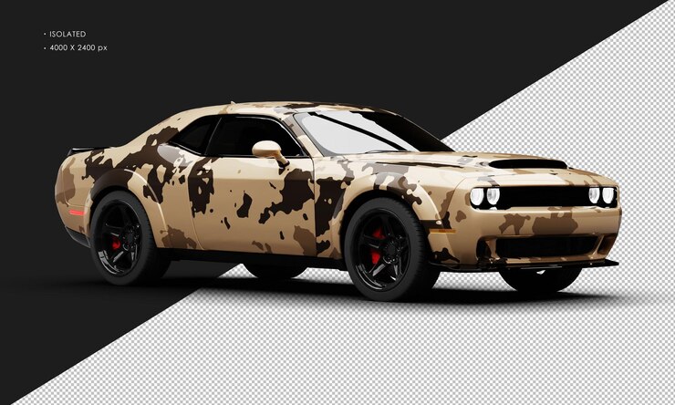 PSD isolado realista metálico camuflaje de arena del desierto moderno super sport muscle car delantera derecha