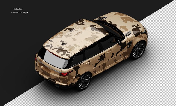 PSD isolado realista metálico camuflaje de arena del desierto turbo deportivo vehículo utilitario coche arriba a la derecha trasero