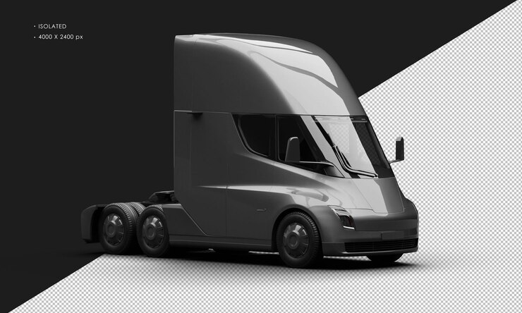PSD isolado realista metálico preto totalmente elétrico semi caminhão carro da direita vista da frente
