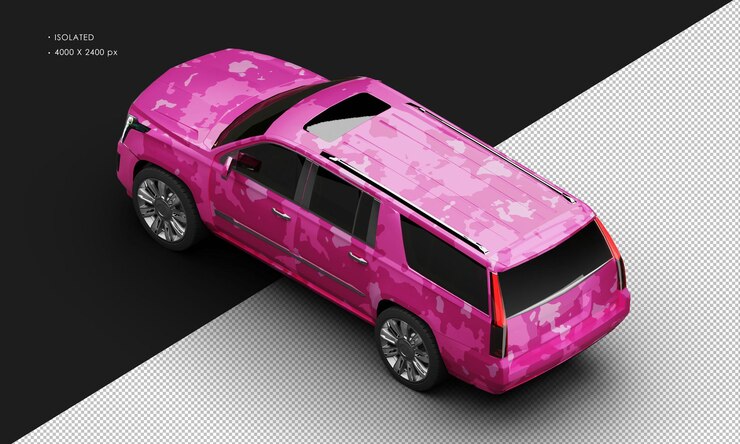 PSD isolado realista metálico rosado camuflaje de lujo elegante ciudad suv coche superior izquierdo trasero