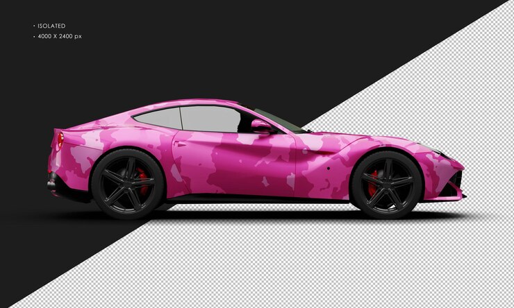 PSD isolado realista metálico rosado camuflaje moderno deporte ciudad sedán supercoche lado derecho