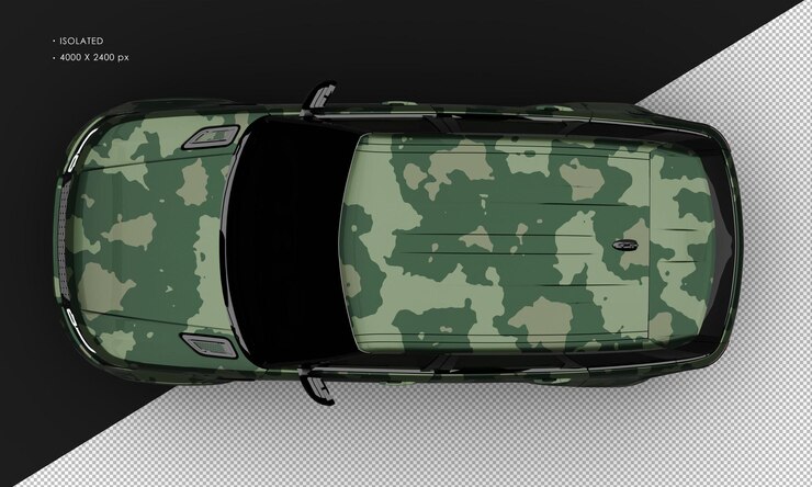 PSD isolado realista metálico verde camuflaje doble turbo deportivo vehículo utilitario techo de coche