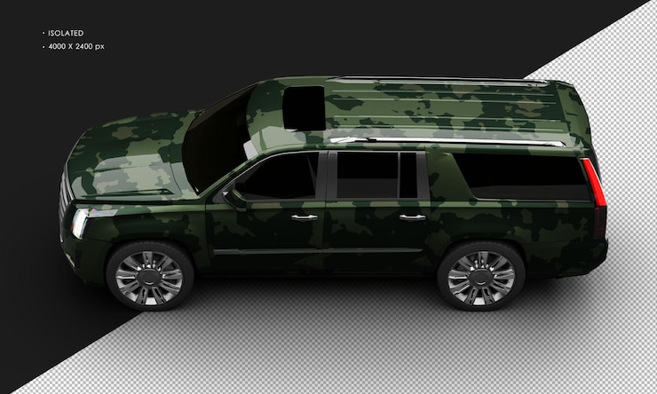 PSD isolado realista metálico verde camuflaje de lujo elegante ciudad suv coche arriba a la izquierda
