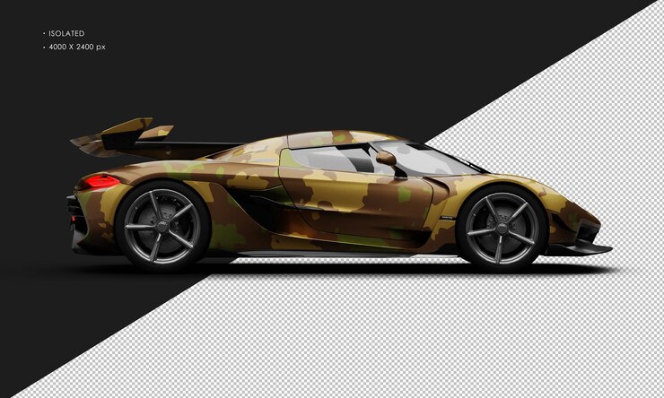 PSD isolado realista naturaleza metálica solo camuflagem motor médio hyper sport car lado direito