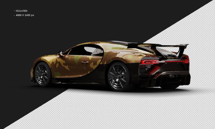PSD isolado realista naturaleza metálica suelo camuflaje de carreras sedán deportivo supercoche desde la parte trasera izquierda