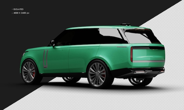 Isolado realistic metallic green full size luxury sport utility vehicle car from left rear view