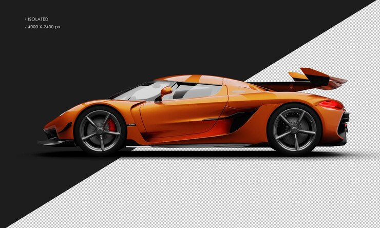 PSD isolado realistic metallic orange limited mid engine hyper sport car from left side view