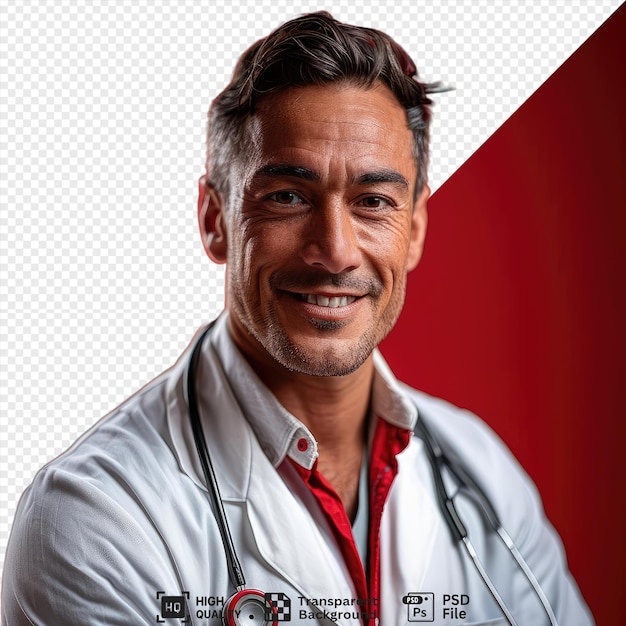 PSD isolated a doctor with short brown hair a big nose and brown eyes wearing a white and gray shirt with a red button standing in front of a red wall png