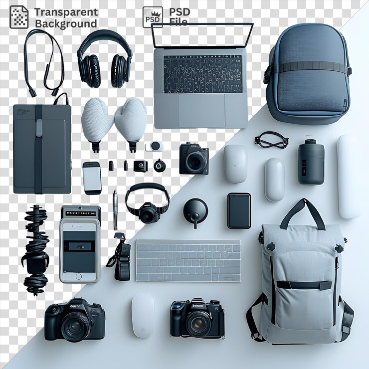 PSD isolated digital nomad tech gear set featuring black headphones a silver and gray laptop a white mouse and a black camera on a transparent background
