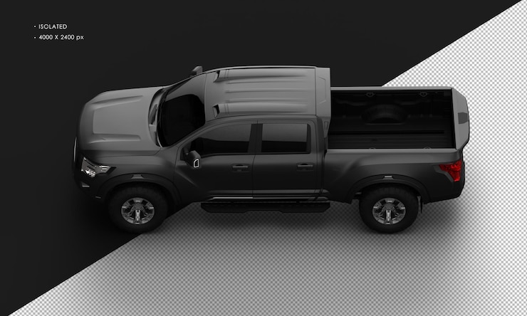 PSD isolated realistic black pickup truck from top left view