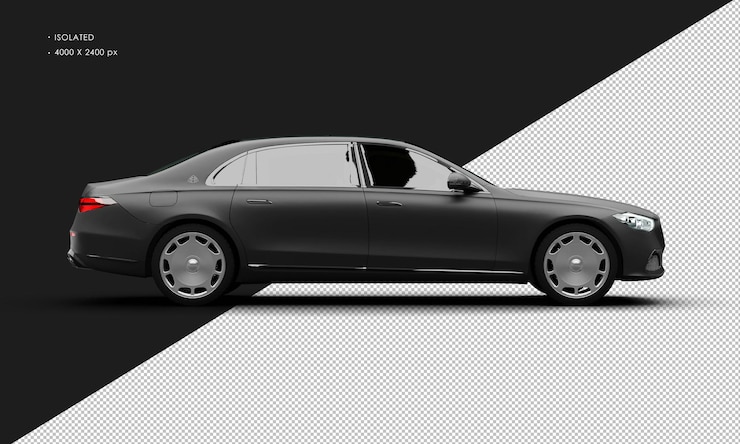 PSD isolated realistic matte black exclusive full size luxury sedan car from right side view