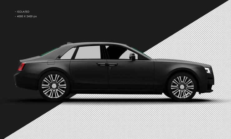 PSD isolated realistic matte black exclusive luxury elegant city sedan car from right side view