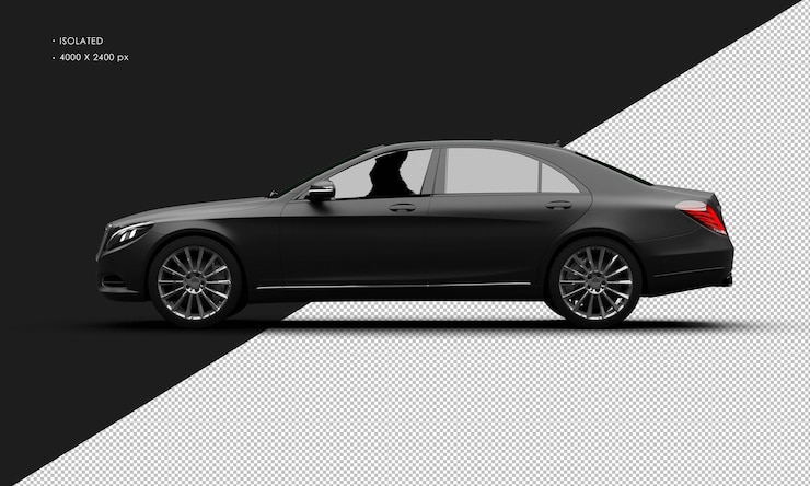 PSD isolated realistic matte black modern luxury city sedan car from left side view