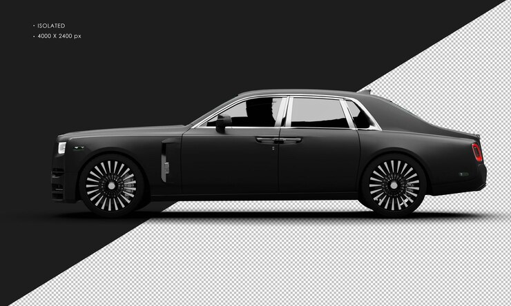 PSD isolated realistic matte black modern luxury elegant city sedan car from left side view