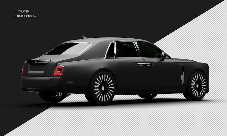 PSD isolated realistic matte black modern luxury elegant city sedan car from right rear view