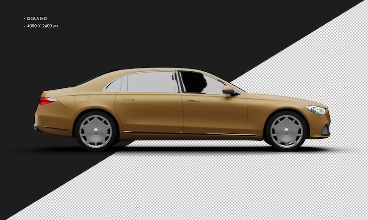 PSD isolated realistic matte orange exclusive full size luxury sedan car from right side view