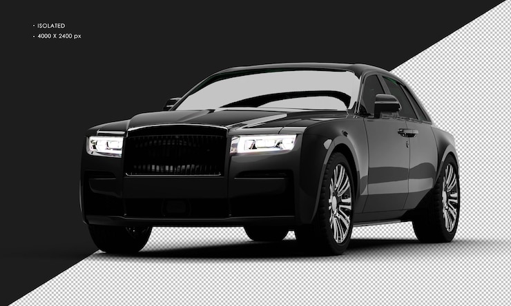 PSD isolated realistic metallic black exclusive luxury elegant city sedan car from left front angle view
