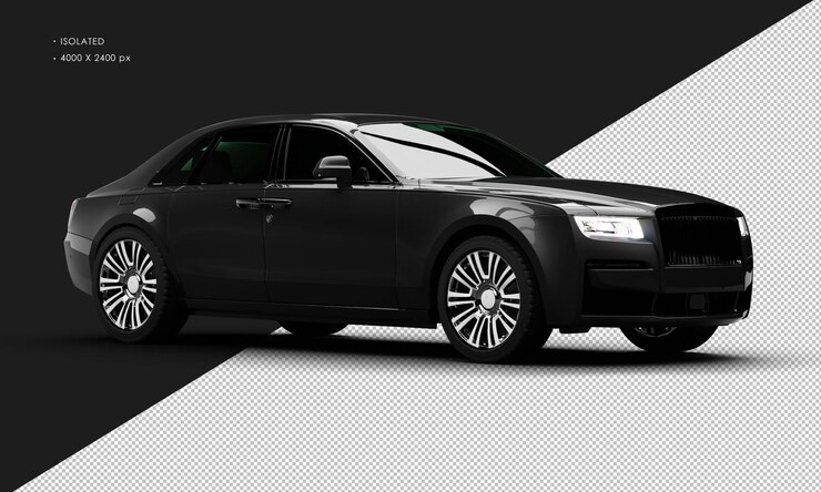 PSD isolated realistic metallic black exclusive luxury elegant city sedan car from right front view