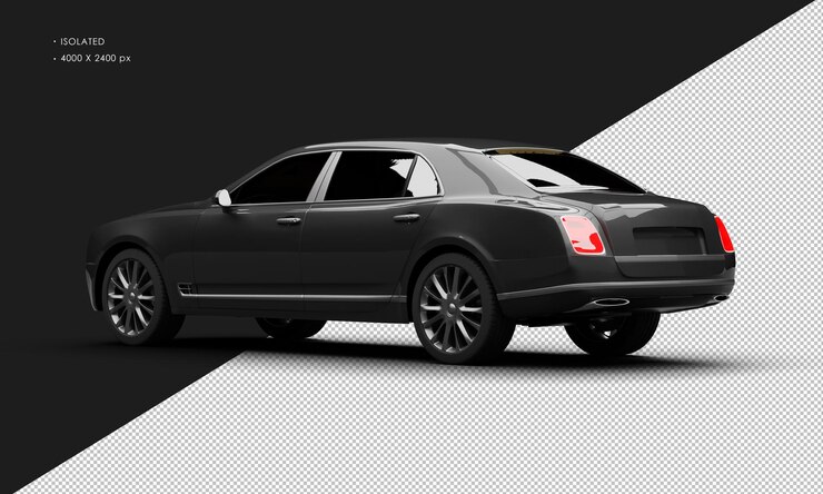 PSD isolated realistic metallic black full size grand luxury sedan car from left rear view