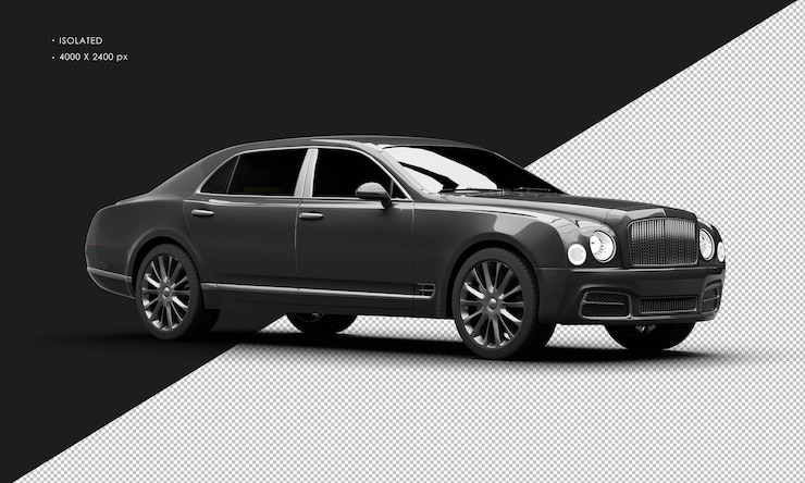 PSD isolated realistic metallic black full size grand luxury sedan car from right front view