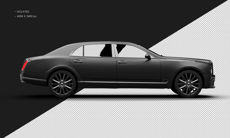 PSD isolated realistic metallic black full size grand luxury sedan car from right side view