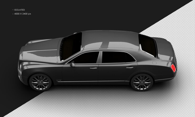 PSD isolated realistic metallic black full size grand luxury sedan car from top left view