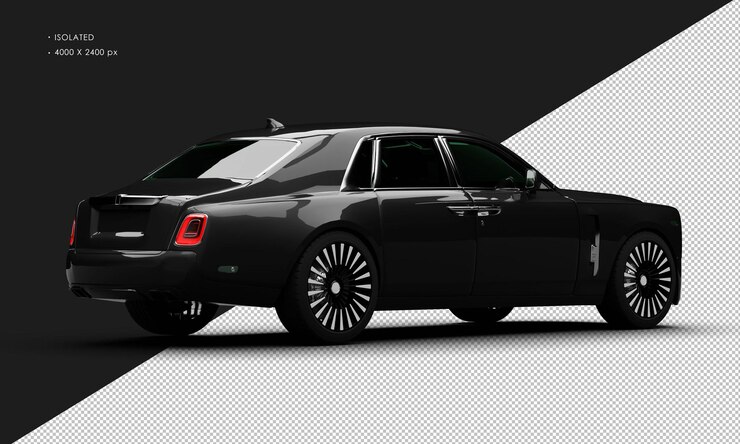 PSD isolated realistic metallic black modern luxury elegant city sedan car from right rear view