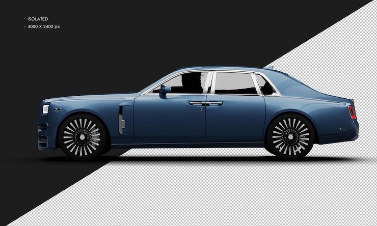 PSD isolated realistic metallic blue modern luxury elegant city sedan car from left side view