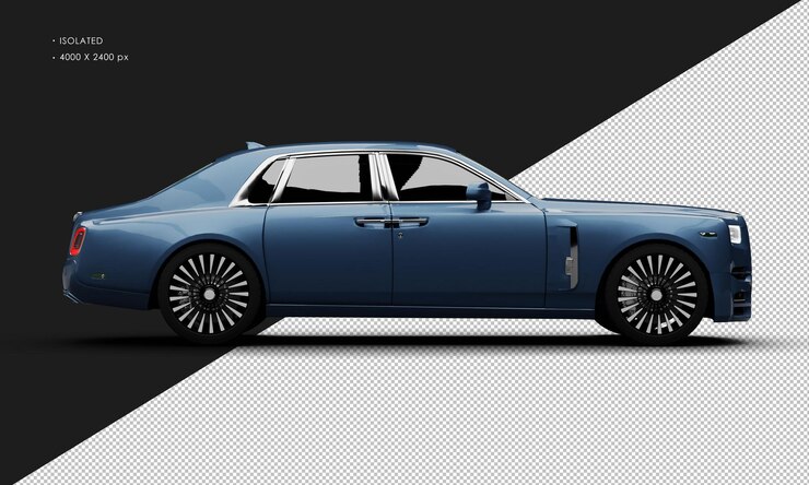 PSD isolated realistic metallic blue modern luxury elegant city sedan car from right side view