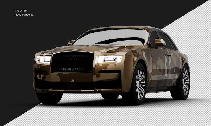 PSD isolated realistic metallic mud brown camouflage exclusive luxury city sedan car left front angle