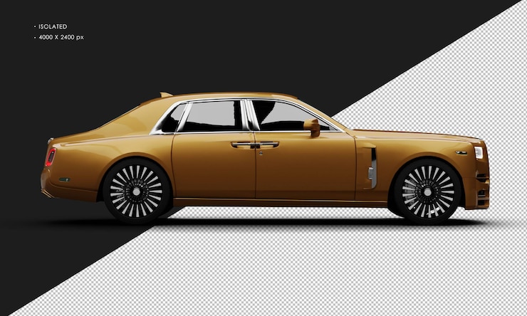 PSD isolated realistic metallic orange modern luxury elegant city sedan car from right side view