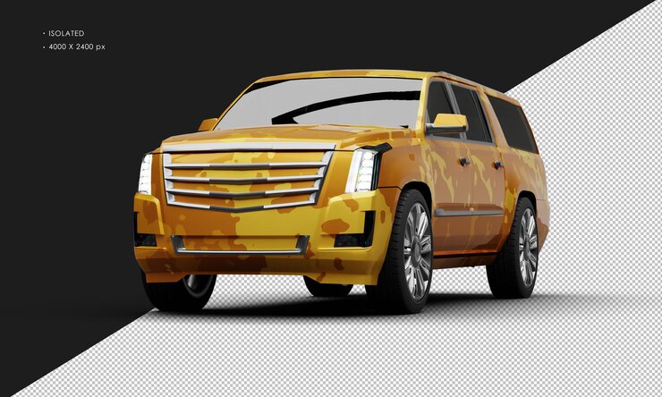 PSD isolated realistic metallic yellow camouflage deluxe elegant city suv car left front angle