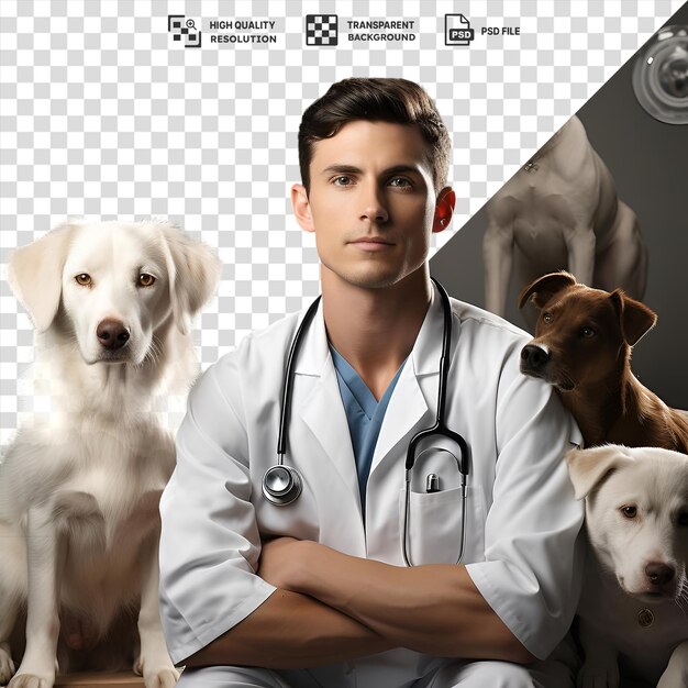 PSD isolated realistic photographic veterinarians animal hospital featuring a variety of dogs including a white dog a brown dog and a white and brown dog with a smiling man in the