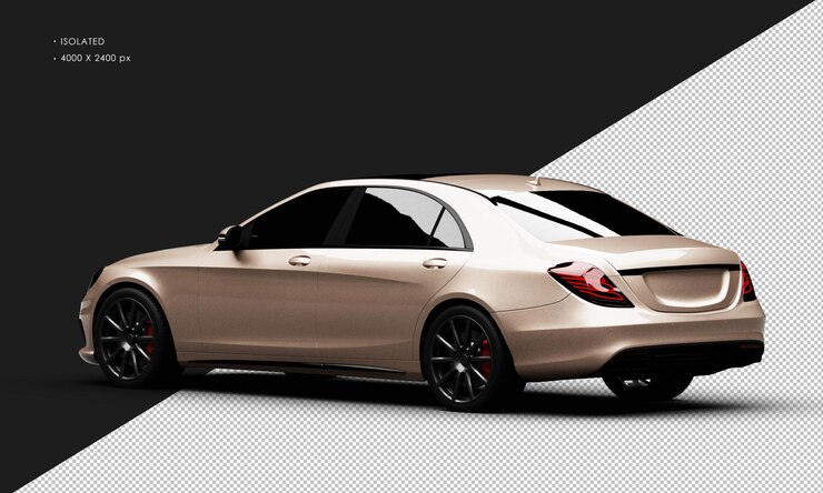 PSD isolated realistic shiny brown luxury elegant city sedan car from left rear view