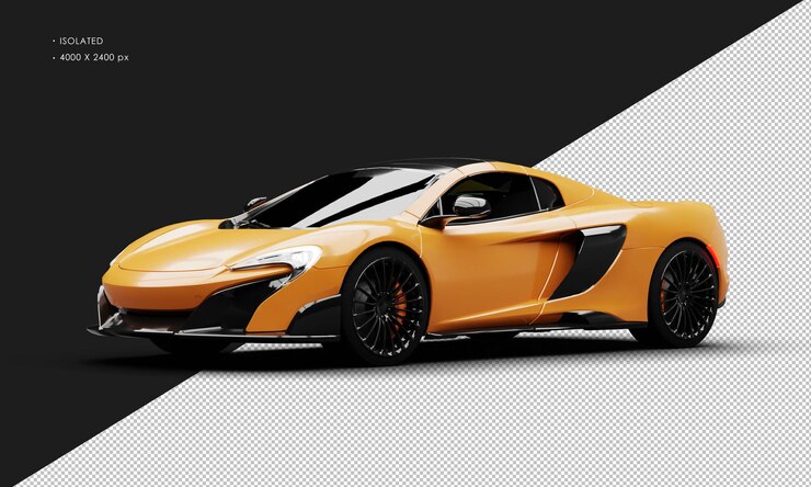 PSD isolated realistic shiny orange exclusive turbo engine hyper sport car from left front view