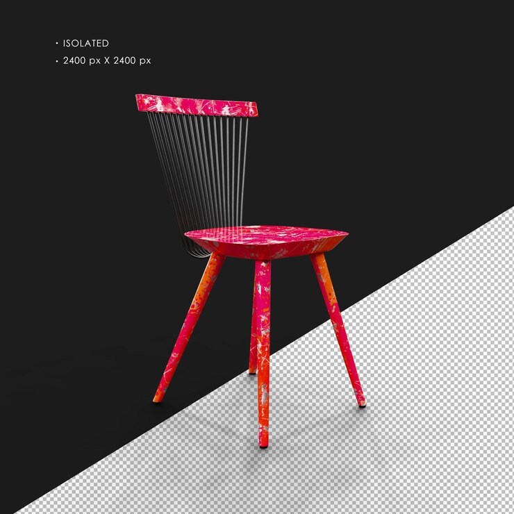 PSD isolated realistic worn paint red simple modern windsor metal chair right front view