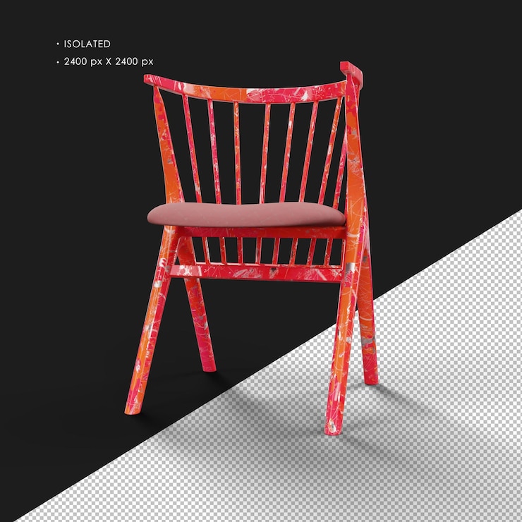 PSD isolated realistic worn paint red solid metal armchair left front angle view