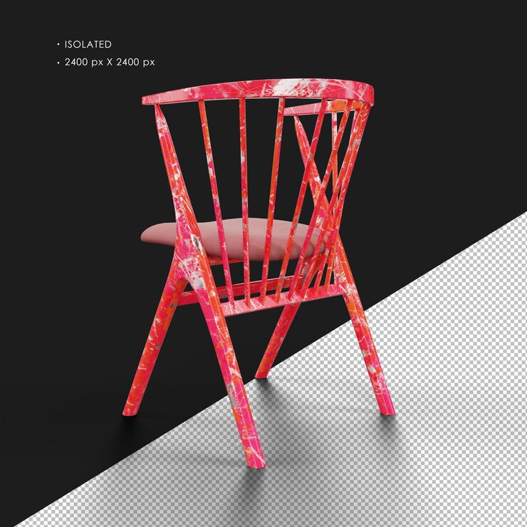 PSD isolated realistic worn paint red solid metal armchair left rear view