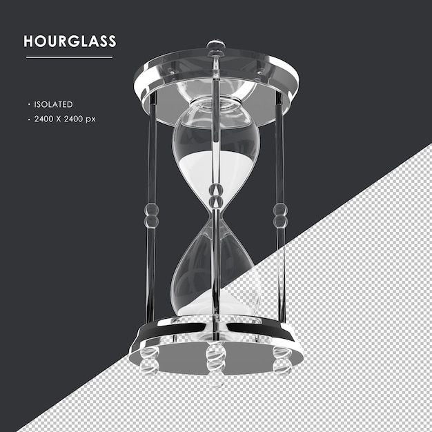 isolated round crystal glass hourglass sand clock from bottom angle side view