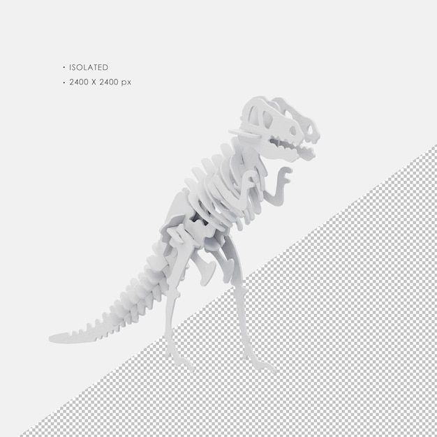 Isolato bianco giocattolo in legno puzzle dinosauro scheletro modello TRex da destra vista frontale