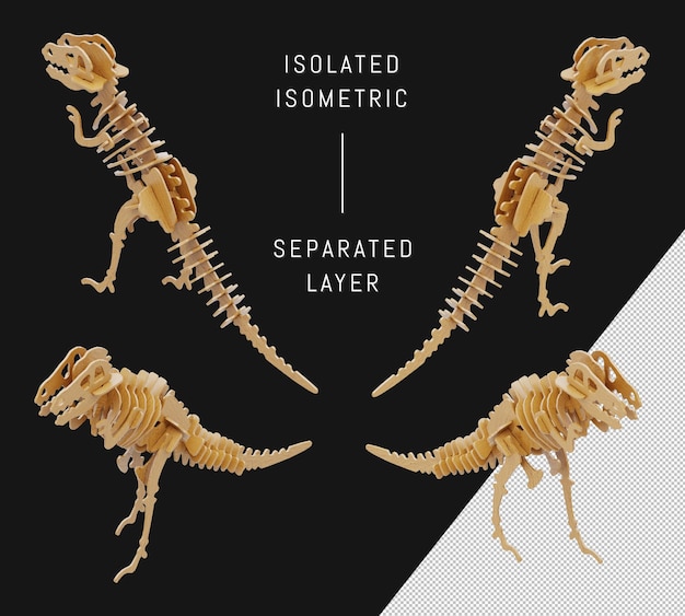 Isolato marrone giocattolo in legno puzzle dinosauro scheletro modello T Rex elementi isometrici set