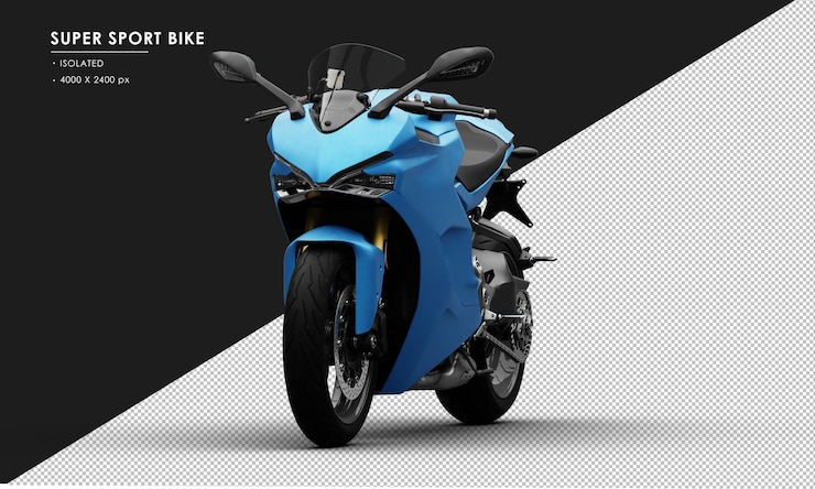 PSD isolato metal blue super sport bike dalla vista angolare anteriore sinistra