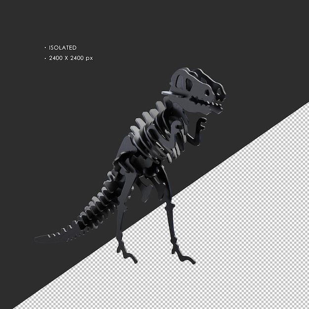 Isolato nero giocattolo in legno puzzle dinosauro scheletro modello TRex da destra vista frontale
