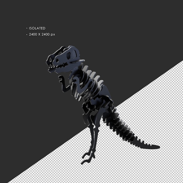 Isolato nero giocattolo in legno puzzle dinosauro scheletro modello TRex da sinistra vista frontale