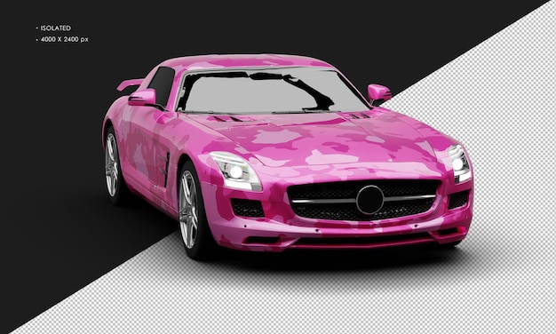 Isolato realistico camuffamento rosa metallico elettrico moderna supercar sportiva dall'angolo anteriore destro