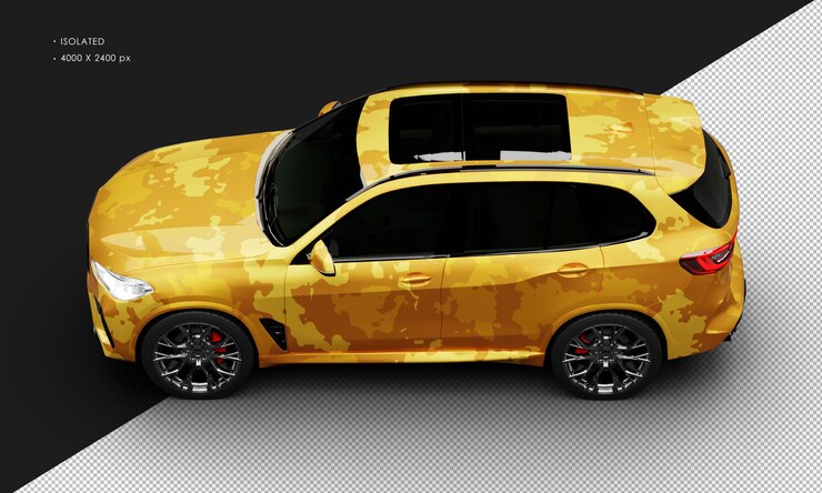 PSD isolato realistico metallico giallo camuffamento lusso moderna città suv auto in alto a sinistra