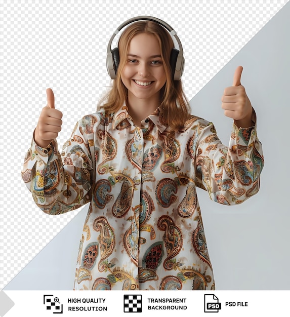 PSD isolé une jeune femme satisfaite portant une chemise imprimée paisley écouteurs montrant les pouces vers le haut