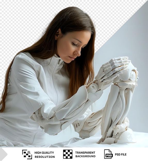 PSD isolé une prothésiste féminine travaillant avec une prothèse en plâtre devant un mur blanc avec de longs cheveux bruns et une petite oreille visible et une sculpture blanche en arrière-plan png
