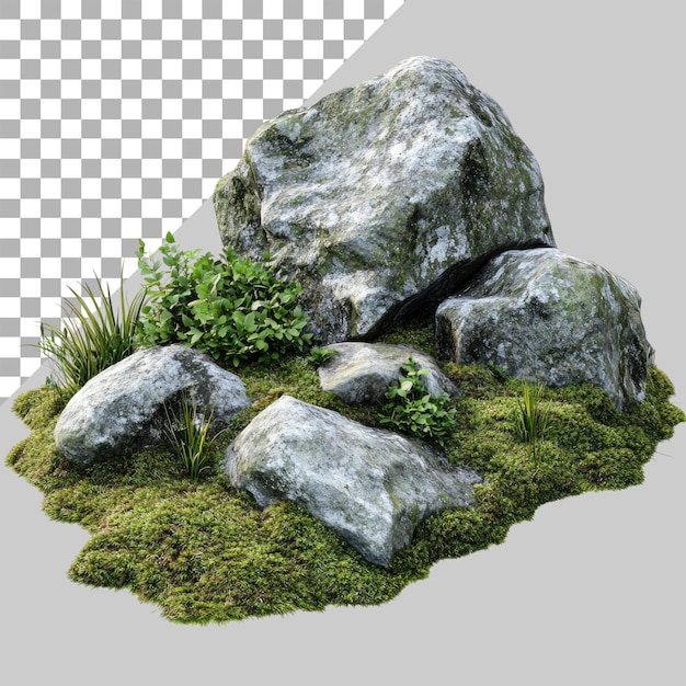 Isoliert auf einem weißen Hintergrund von Moos, Felsen und Gras